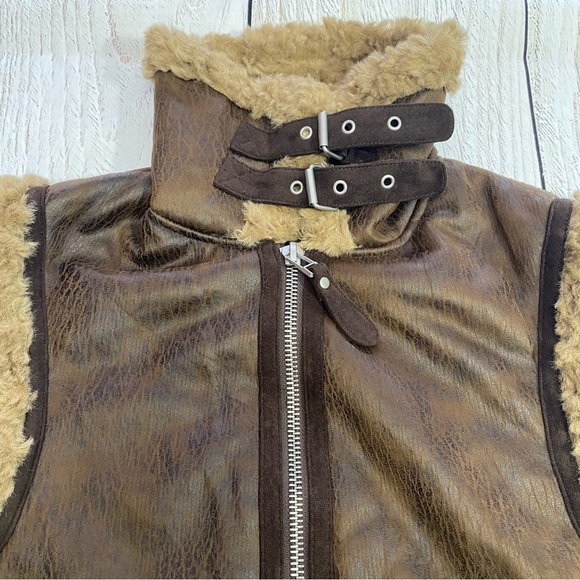 7 For All Mankind Brown Faux Leather Vest with Shearling Trim XS - Picture 4 of 14
